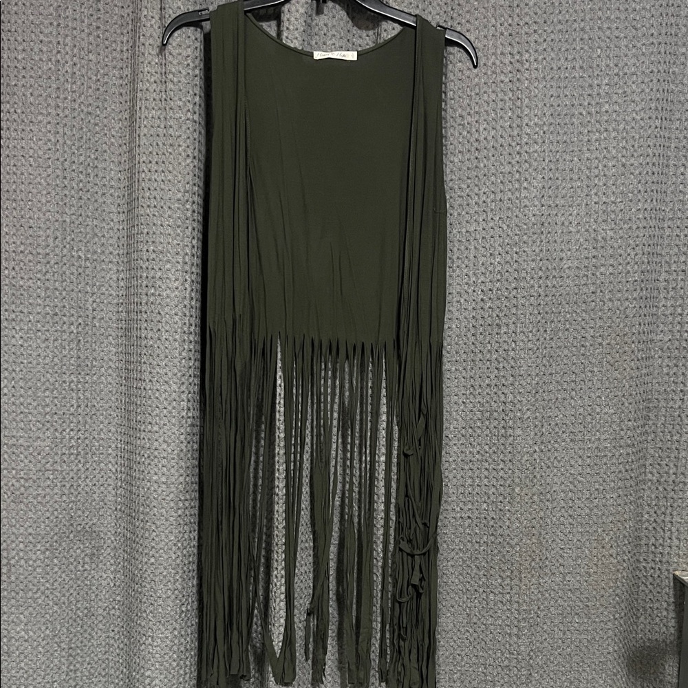 Olive Green Fringe Sleeveless Vest cardigan